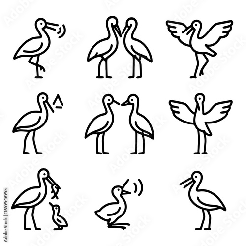 Stork Communication Icons. Outline icon set of stork communication: calls, mating dance, wing clapping, alarm signal, social