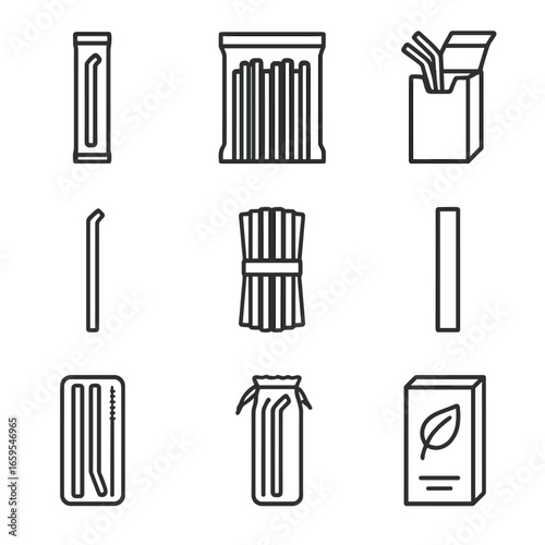 Straw Packaging Icons. Outline icon set of straw packaging: single pack, bulk pack, dispenser box, wrapped straw, open bundle,