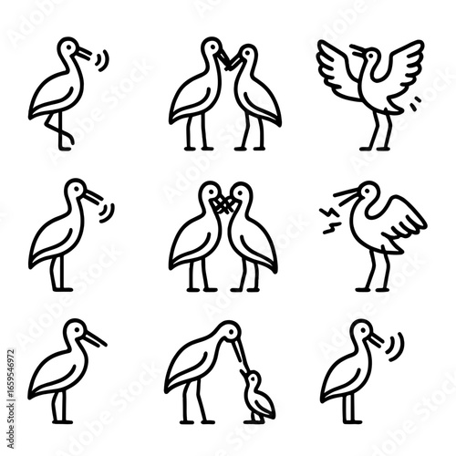 Stork Communication Icons. Outline icon set of stork communication: calls, mating dance, wing clapping, alarm signal, social