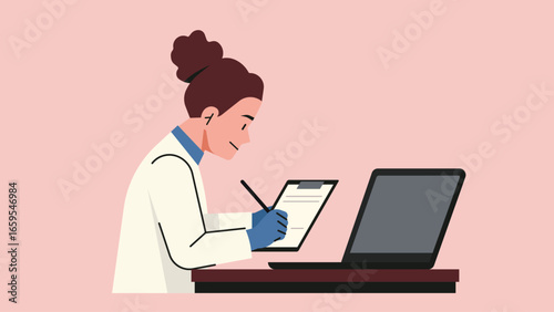 Female laboratory staff in white coat writing notes on clipboard while working with laptop on desk for medical research and documentation. Flat vector illustration