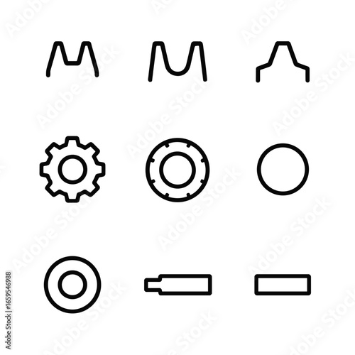 Gear Icon Set. Outline icon set of gear design elements: gear tooth profile, gear root, gear tip, gear flank, gear hub, gear rim,
