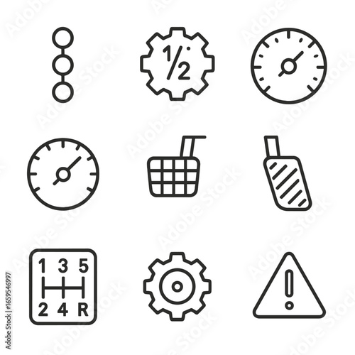 Gear Indicator Icons. Outline icon set of gear-related indicators: gear shift indicator, gear ratio, speedometer, tachometer,