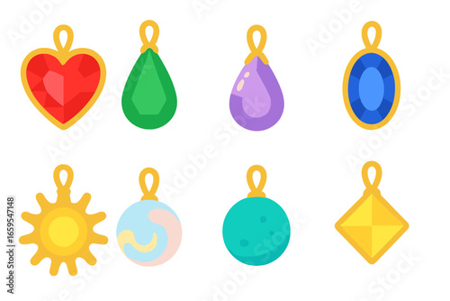 Gemstone Pendant Illustrations. Flat vector mini-illustrations gemstone pendants in colors children's illustrations: ruby heart