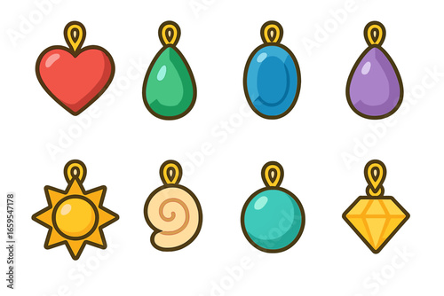 Gemstone Pendant Illustrations. Flat vector mini-illustrations gemstone pendants in colors children's illustrations: ruby heart