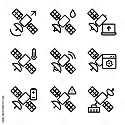 Geostationary Satellite Icon Set. Outline icon set of geostationary satellite maintenance: orbit correction, fuel management,