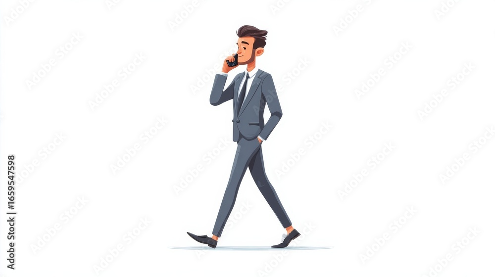 Obraz premium A stylish animated man in a gray suit walks confidently while talking on his phone,