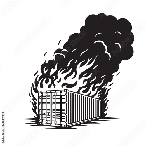 Burning cargo container illustration depicting disaster and incendiary damage concept