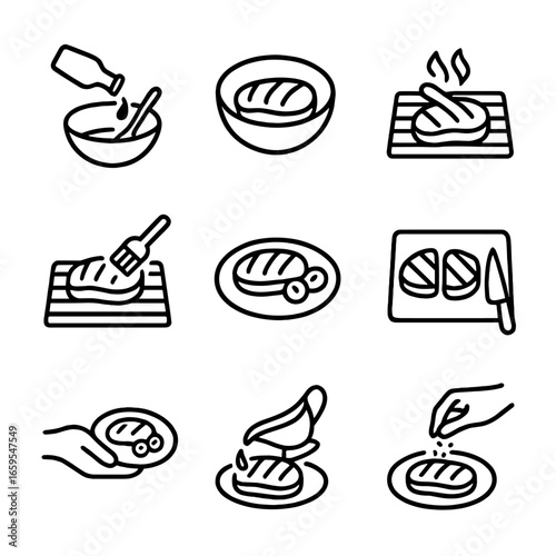 Teriyaki Cooking Icons. Outline icon set of teriyaki preparation steps: mixing sauce, marinating meat, grilling, basting, plating,