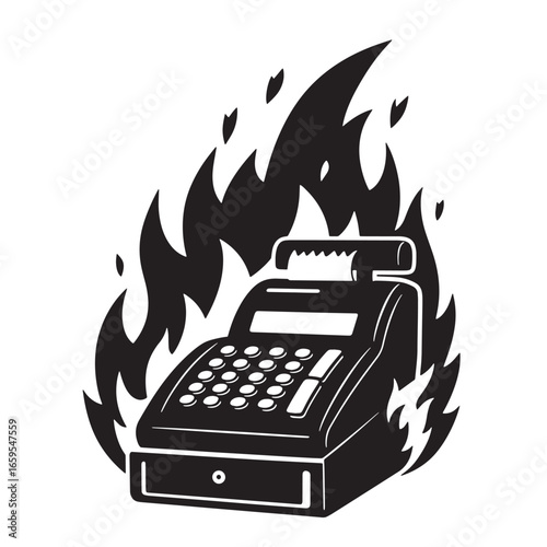 Burning cash register symbolizing financial crisis or business failure concept illustration