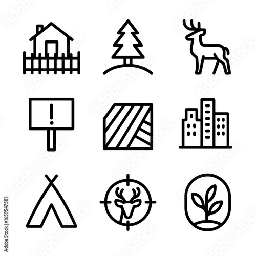 Territory Icons Set. Outline icon set of territory types: private property, national park, wildlife reserve, military zone, farm
