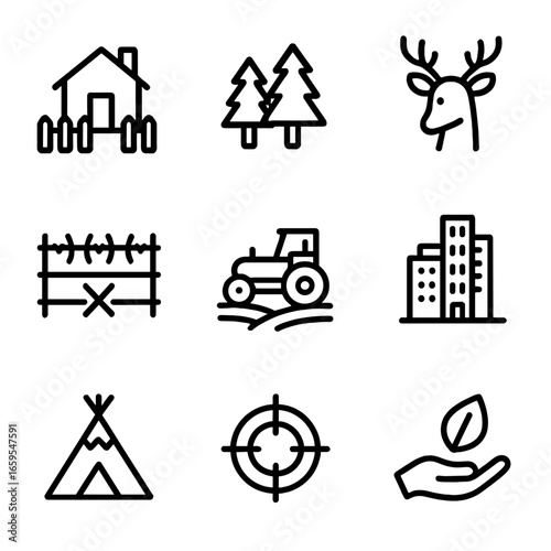 Territory Icons Set. Outline icon set of territory types: private property, national park, wildlife reserve, military zone, farm