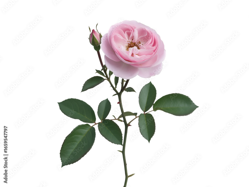 Fototapeta premium Delicate pink rose bloom with vibrant green leaves, capturing the beauty of natural florals