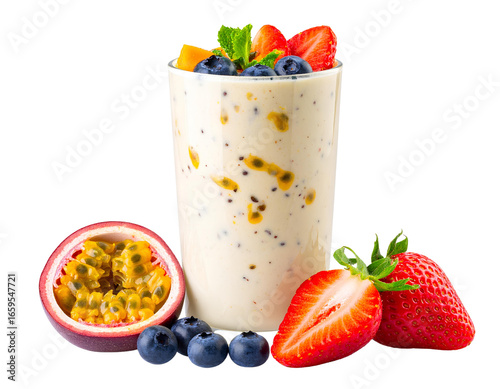 Passion fruit, blueberry and strawbery milkshake isolated on transparent background.