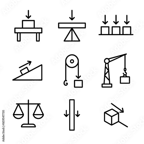 Gravity Engineering Icons. Outline icon set of gravity in engineering: load bearing, structural force, weight distribution,