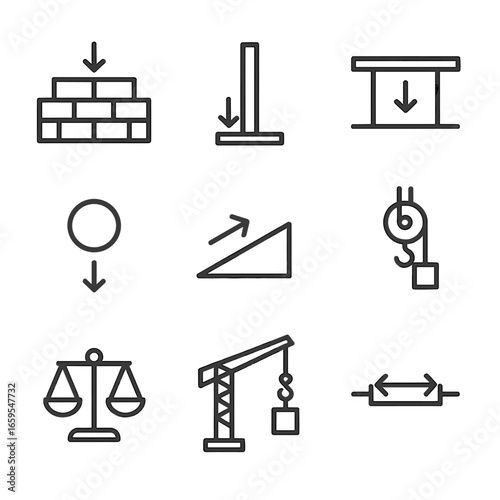 Gravity Engineering Icons. Outline icon set of gravity in engineering: load bearing, structural force, weight distribution,