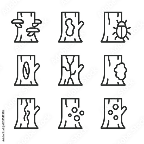 Tree Trunk Decay Icons. Outline icon set of tree trunk decay: fungus, rot, insect damage, hollowing, cracked bark, moss growth,