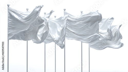 Multiple white flags shown side by side on poles, each with unique motion--fluttering, still, slightly curved--high detail cloth, isolated on white background