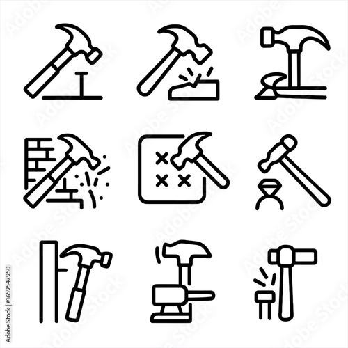 Hammer Usage Icons. Outline icon set of hammer uses: driving nails, breaking objects, shaping metal, demolition, upholstery work,