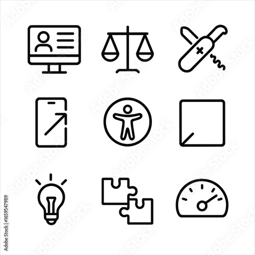 Harmony in Technology Icons. Outline icon set of harmony in technology: user interface, balanced design, functionality,