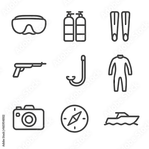 Underwater Exploration Icons. Outline icon set of underwater exploration: scuba mask, diving tank, fins, harpoon, snorkel, wetsuit