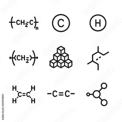HDPE Structure Icons. Outline icon set of HDPE chemical structure: polymer chain, carbon atom, hydrogen atom, polymerization,