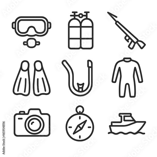 Underwater Exploration Icons. Outline icon set of underwater exploration: scuba mask, diving tank, fins, harpoon, snorkel, wetsuit