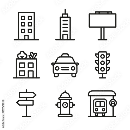Urban Skyline Icons. Outline icon set of urban skyline: apartment building, office tower, billboard, rooftop garden, taxi, traffic