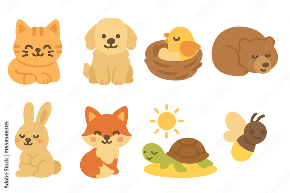 Fototapeta premium Warmth and Wildlife Icons. Flat vector mini-illustrations warmth animals in colors children's illustrations: cuddly cat, fluffy