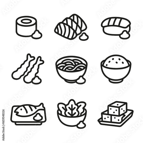 Wasabi Dish Icons. Outline icon set of wasabi dishes: sushi roll, sashimi, nigiri, tempura, soba noodles, rice bowl, grilled fish,