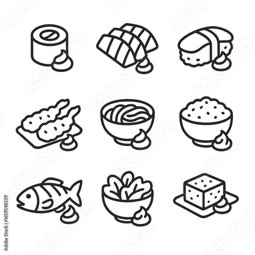 Wasabi Dish Icons. Outline icon set of wasabi dishes: sushi roll, sashimi, nigiri, tempura, soba noodles, rice bowl, grilled fish,