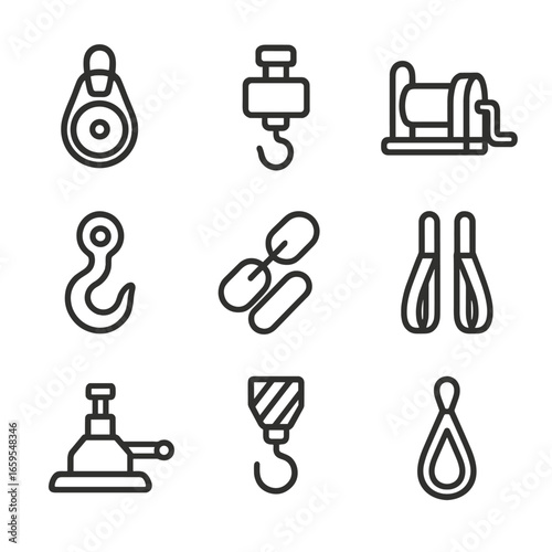 Heavy Lifting Icons. Outline icon set of heavy lifting gear: pulley, hoist, winch, hook, chain, lifting strap, hydraulic jack,