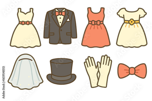Wedding Attire Icons. Flat vector mini-illustrations wedding clothing in colors children's illustrations: bridal gown, groom