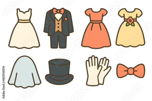 Wedding Attire Icons. Flat vector mini-illustrations wedding clothing in colors children's illustrations: bridal gown, groom