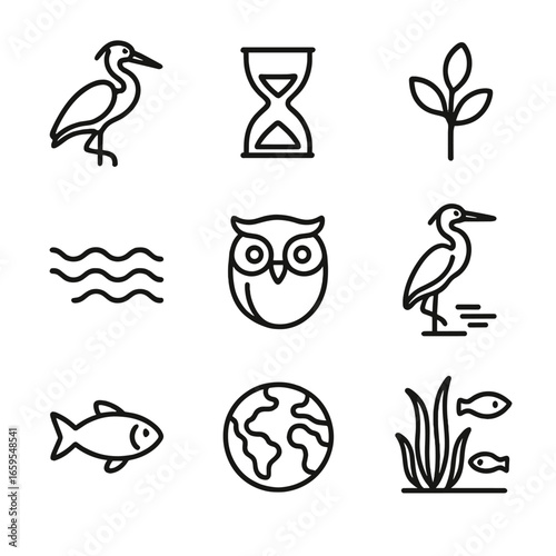 Heron Symbolism Icons. Outline icon set of heron symbolism and culture: grace, patience, longevity, nature, water, wisdom,