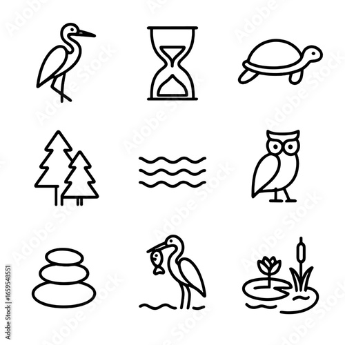 Heron Symbolism Icons. Outline icon set of heron symbolism and culture: grace, patience, longevity, nature, water, wisdom,