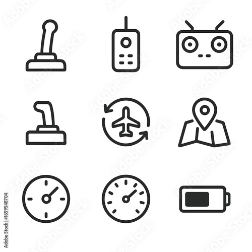 Hover Control Icons. Outline icon set of hover controls: joystick, remote control, flight controller, throttle, autopilot, GPS,