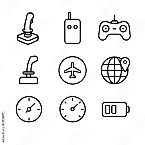 Hover Control Icons. Outline icon set of hover controls: joystick, remote control, flight controller, throttle, autopilot, GPS,