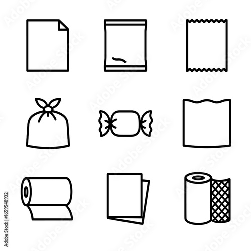 Wrapper Material Icons. Outline icon set of wrapper materials: paper, plastic, foil, fabric, cellophane, wax paper, biodegradable