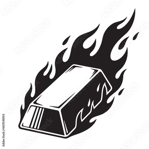 Burning gold bar illustration representing value and risk in financial investments concept