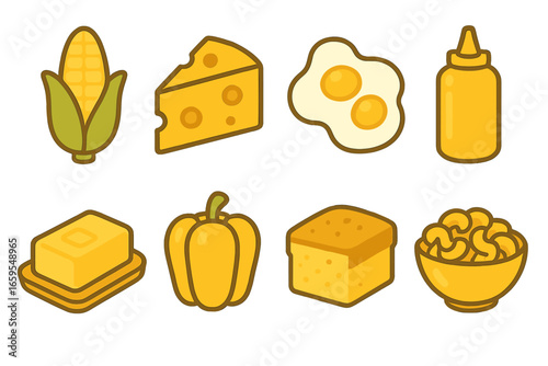 Yellow Food Icons. Flat vector mini-illustrations yellow food in colors children's illustrations: corn, cheese wedge, scrambled