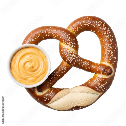 Large soft pretzel, golden brown with coarse salt, beside a small ramekin of vibrant cheddar beer cheese dip, on a clean transparent studio background. Professional food photography concept