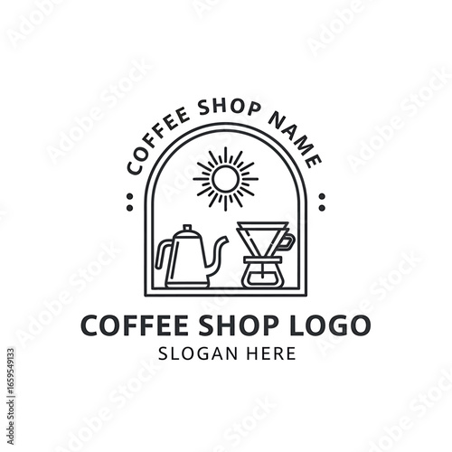 Minimalist line art logo design featuring a coffee pot, pour-over coffee maker, and sun within an arched frame, suitable for a coffee shop.