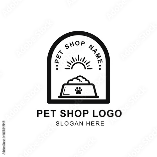 Pet shop logo design featuring a dog bowl, sun, and text.