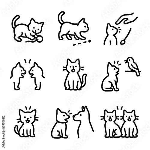 Interactive Cat Icon Set. Outline icon set of meow in interactions: cat playing with toy, cat chasing laser, cat interacting with