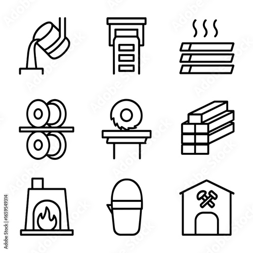 Iron Bar Manufacturing Icons. Outline icon set of iron bar manufacturing: molten iron pouring, iron bar casting, cooling iron bars