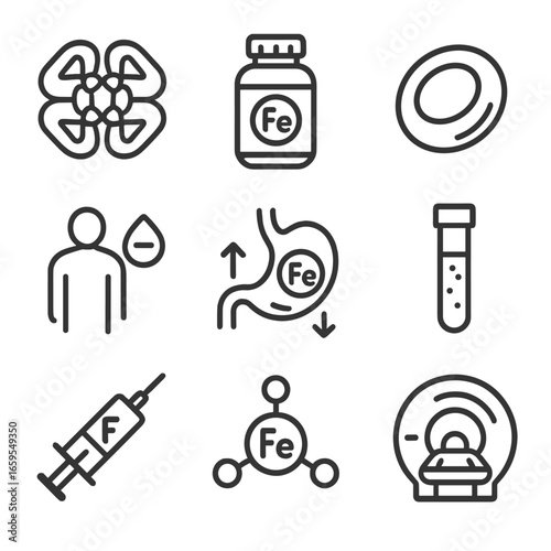 Iron Biology Icons. Outline icon set of iron in biology and medicine: hemoglobin, iron supplements, blood cell, iron deficiency,