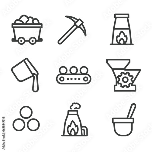 Iron Mining Icons. Outline icon set of iron mining and processing: mining cart, pickaxe, smelting furnace, molten iron, conveyor