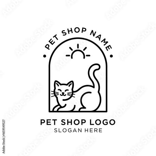 Simple line art logo for a pet shop, featuring a cat and sun design.