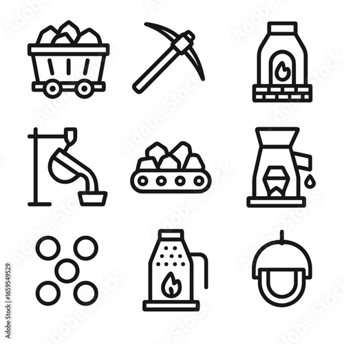 Iron Mining Icons. Outline icon set of iron mining and processing: mining cart, pickaxe, smelting furnace, molten iron, conveyor