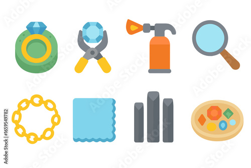 Jewelry Crafting Icons. Flat vector mini-illustrations jewelry craftsmanship in colors children's illustrations: ring mold,